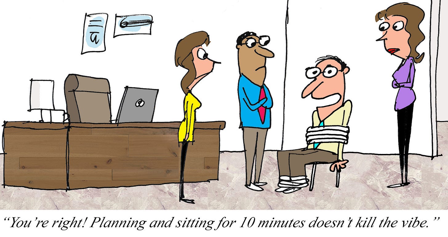 Cartoon of an ESFP (Entertainer) office worker tied to a chair while colleagues stand around talking, with a caption joking that taking time to plan and sit still “doesn’t kill the vibe.”