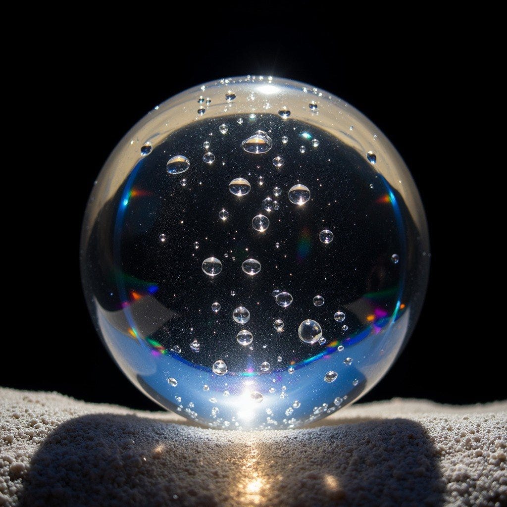 Suspended against a deep black backdrop, a pristine glass sphere captivates with its perfect symmetry. Delicate water droplets inside create magical light refractions, dispersing into rainbow highlights throughout the transparent orb. Soft backlighting produces a luminous glow at the center, while careful side lighting reveals intricate surface textures. Natural optical effects transform simple light into iridescent blue ripples and warm amber tones. A subtle atmospheric haze adds depth to this mesmerizing display of light physics, creating an otherworldly crystal ball that seems to hold miniature galaxies within its boundaries.