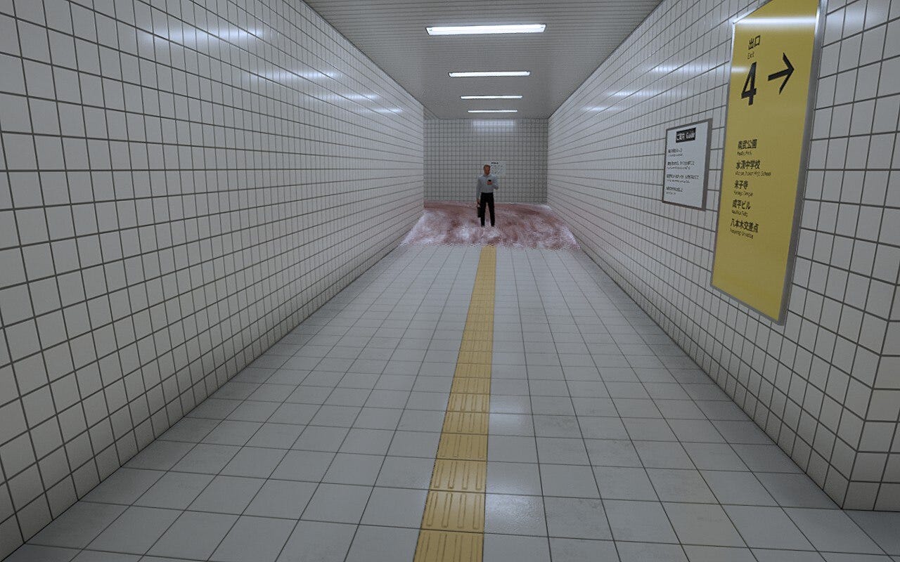 A man stands in a wave of red water