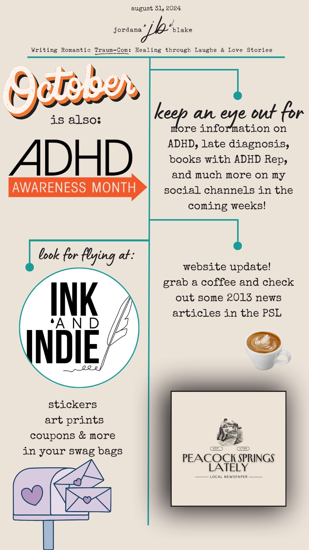 October is also ADHD Awareness month, look for information on social in the coming weeks. There's a website update at Jordana Blake Books & swag available for all Ink & Indie ticket holders