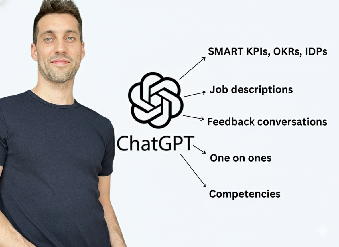 Simon Carvi presenting how ChatGPT for HR supports SMART KPIs, job descriptions, feedback conversations, one-on-ones, and competency development.