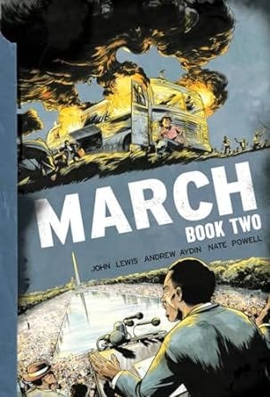 Book covers of the March triology, featuring artwork of John R. Lewis protesting