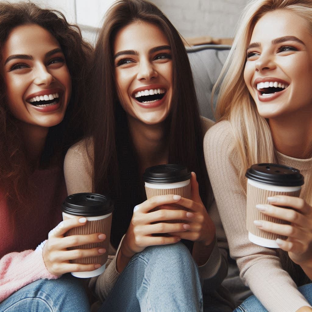 three female friends laughing and drinking coffee