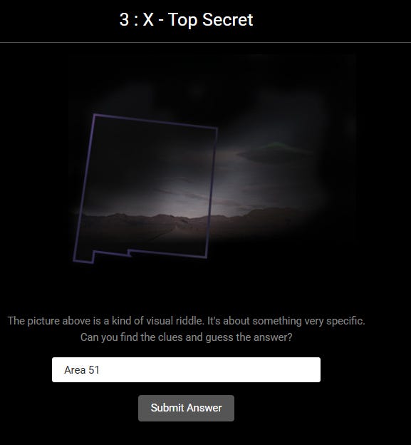 Screenshot of Puzzle 3 from The Stone. A map outline of Arizona against a black background. Area 51 entered into the answer box.