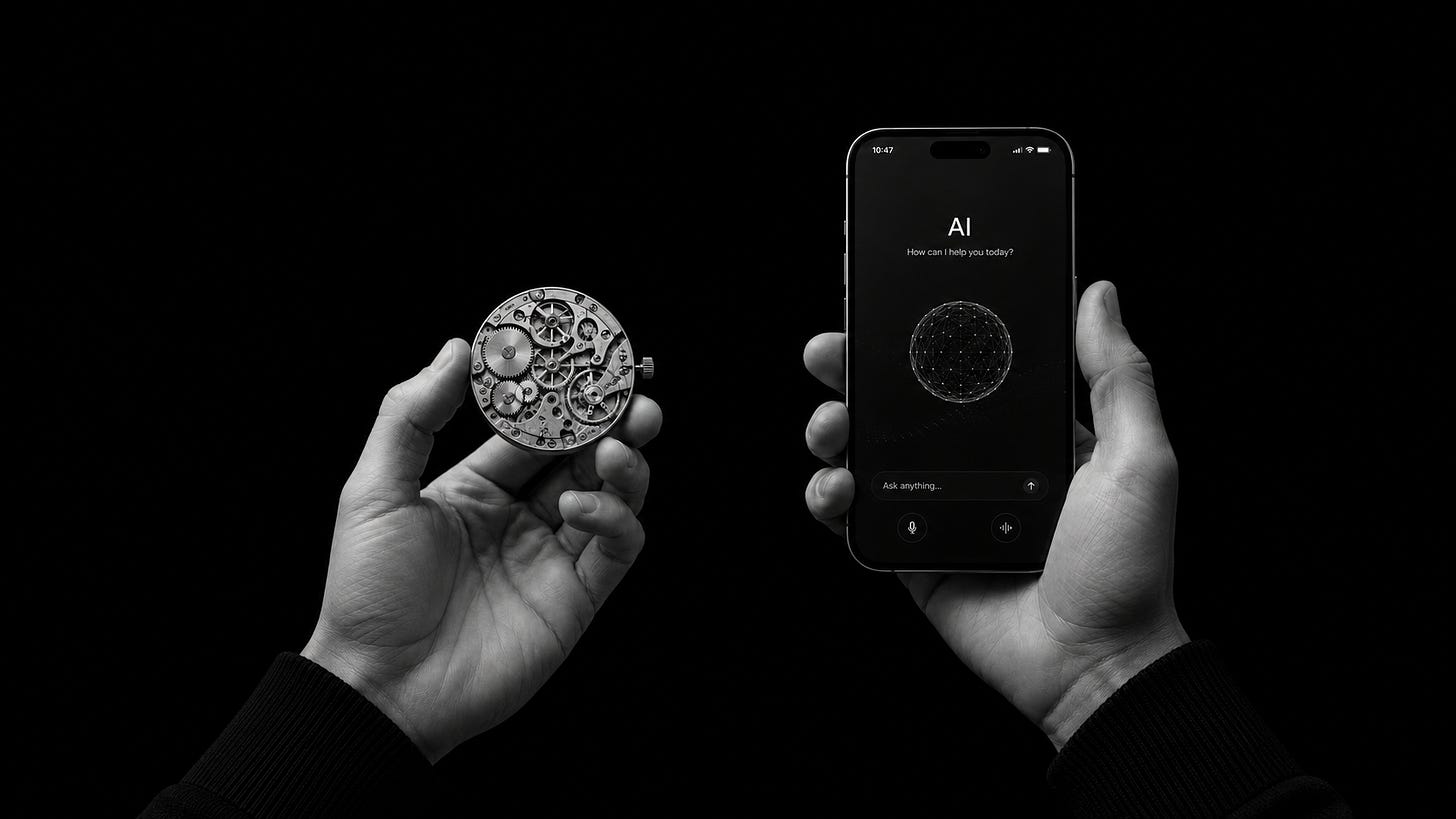 Black-and-white editorial image of two hands holding a mechanical watch movement and a smartphone with a minimal AI interface, symbolizing craftsmanship and technology.