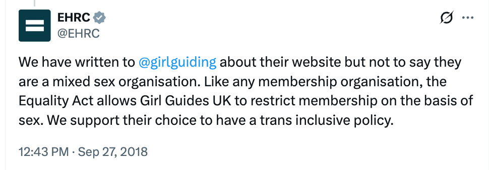EHRC
@EHRC
We have written to @girlguiding about their website but not to say they are a mixed sex organisation. Like any membership organisation, the Equality Act allows Girl Guides UK to restrict membership on the basis of sex. We support their choice to have a trans inclusive policy.
12:43 PM · Sep 27, 2018