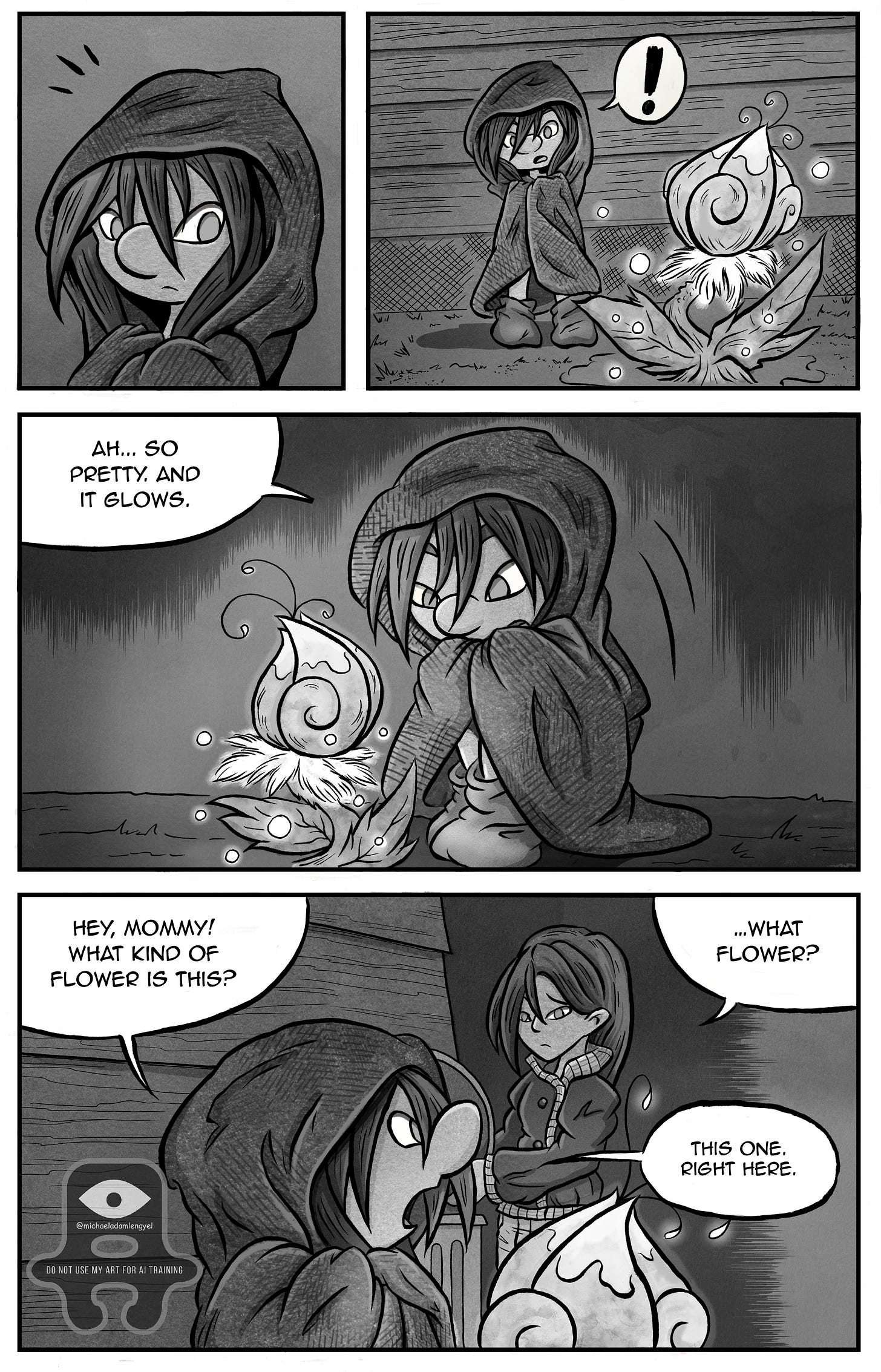 Kali sees a glowing flower near the campfire and excitedly calls for her mother—but her mom doesn’t see anything there. Kali sees a glowing flower near the campfire and excitedly calls for her mother—but her mom doesn’t see anything there.