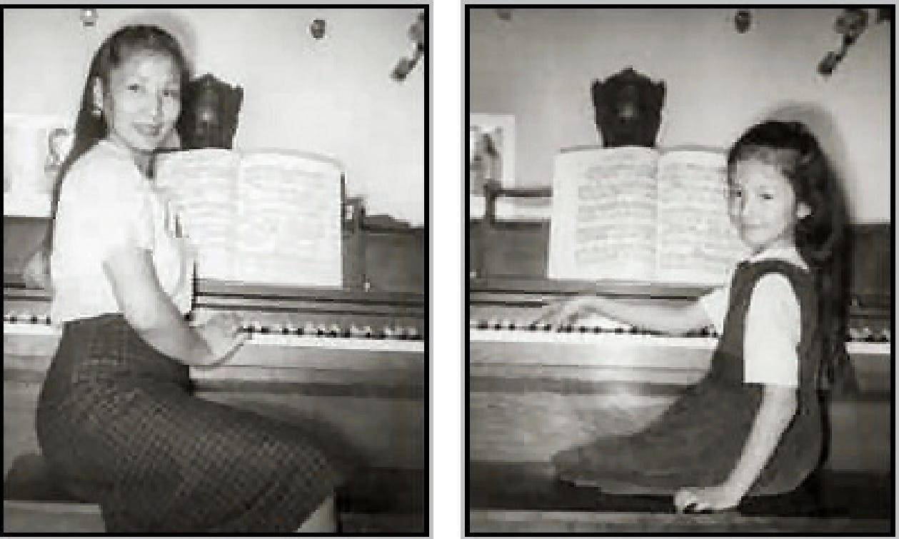 Screenshot of two photos, author around 8-9 years old, and her mother, around 38-39 years old. Both taking turns sitting at the piano, hand on keys, turning back to look at direction of camera, smiling. 