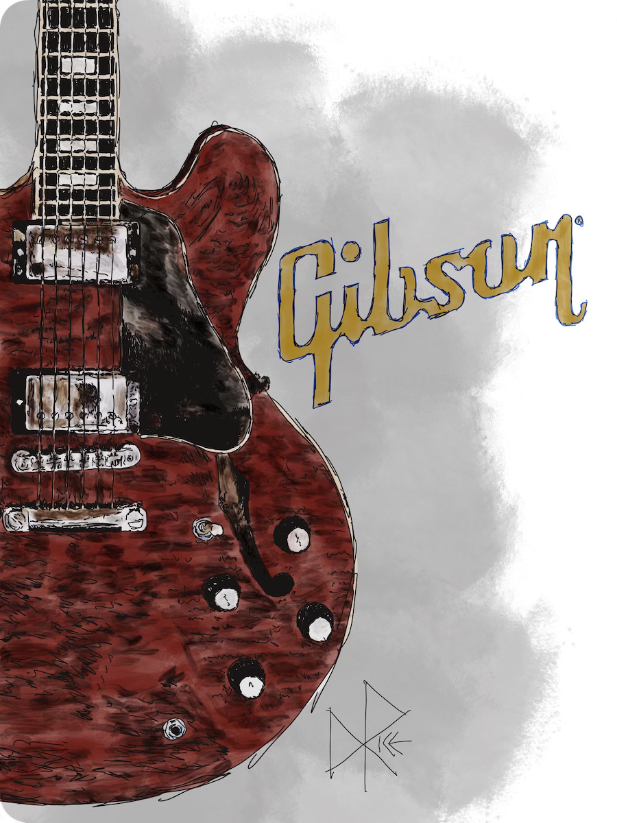 A portion of the neck and half of the body of a walnut finish Gibson ES-335 hollow body semi-acoustic guitar. Sketch art by Don Rice. A portion of the neck and half of the body of a walnut finish Gibson ES-335 hollow body semi-acoustic guitar. Sketch art by Don Rice.
