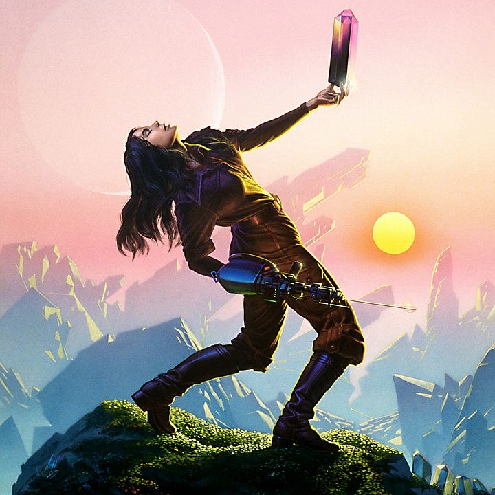 LEFT: Figure detail from CRYSTAL SINGER featuring a woman in brown jumpsuit arching her back as she holds out a large black crystal that against pale pink sky shows through magenta at its faceted edge. RIGHT: Close detail from CRYSTAL SINGER featuring Killashandra arching back as she holds a large black crystal. Against the pale pink sky the upper crystal shows through magenta on its faceted edge. Her eyes are closed as she seems lost in ecstasy.