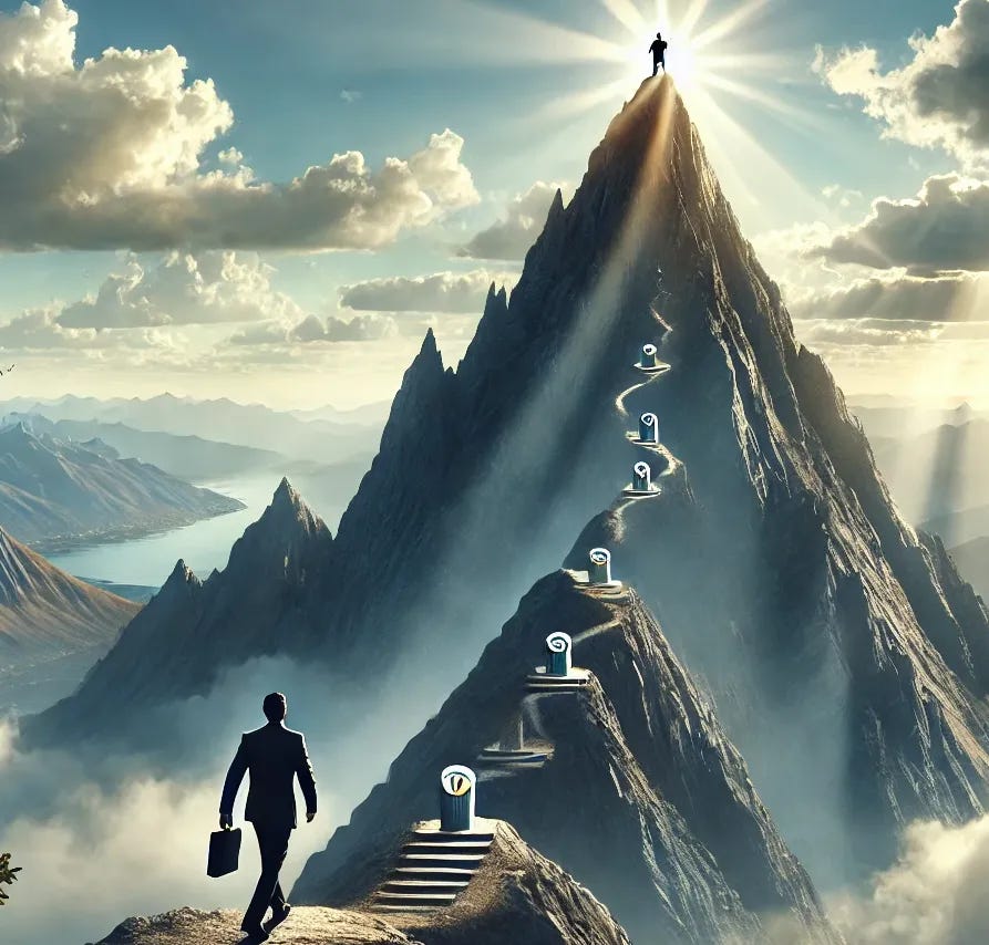 Man approached a mountain and faces various milestones.