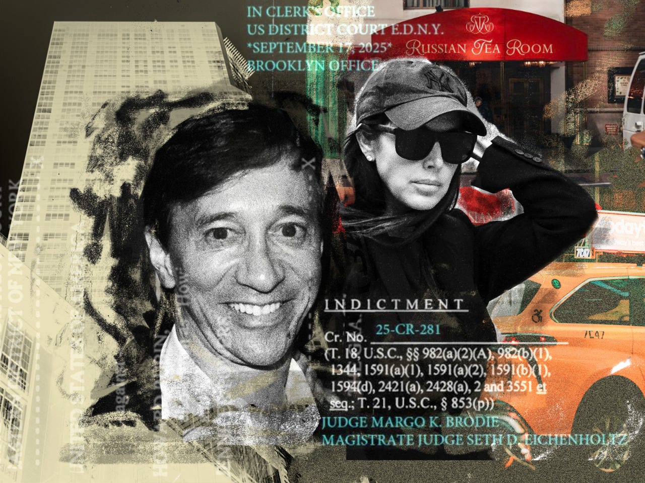 Collage of a smiling man, a woman in sunglasses and a baseball cap, an indictment, and elements of a cityscape.