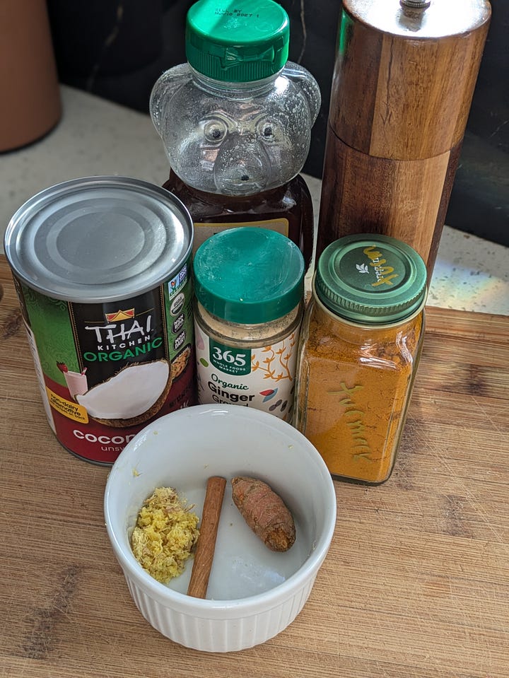 Ingredients for golden milk, and pIngredients for golden milk (optional powdered or fresh spices), and putting them together.utting them together.