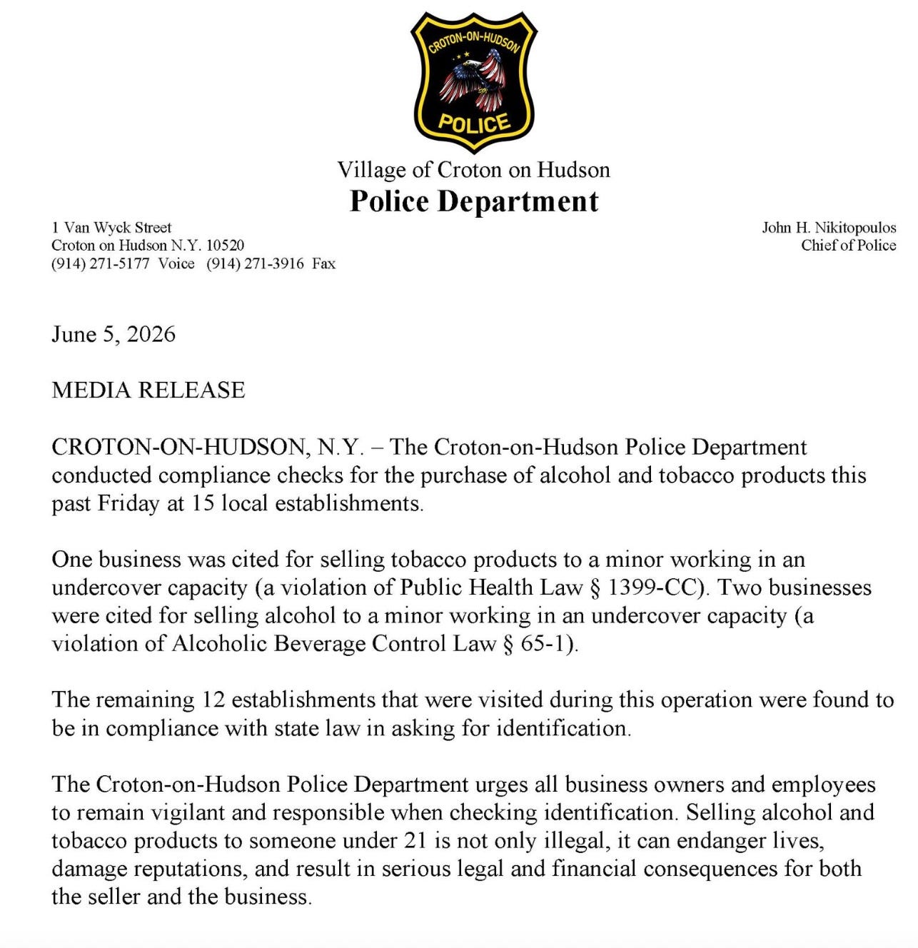 tobacco compliance officer Alcohol and tobacco compliance busts in Croton