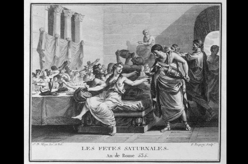 Illustration showing Roman Saturnalia banquet. (Photo by Alamy)
