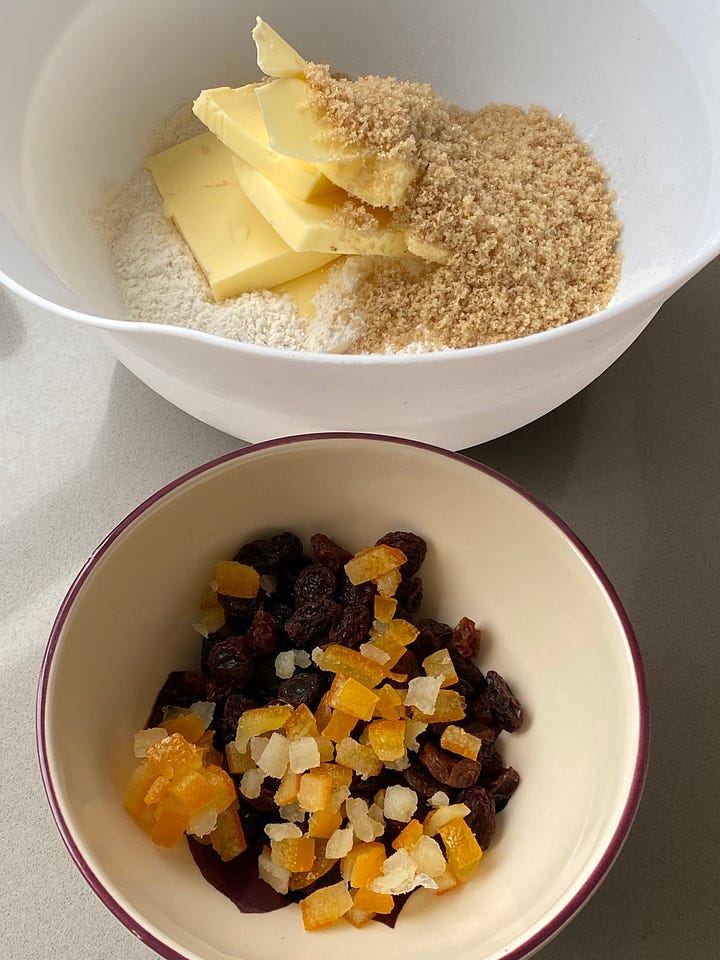 Dried fruits and other ingredients for Rock Cakes.