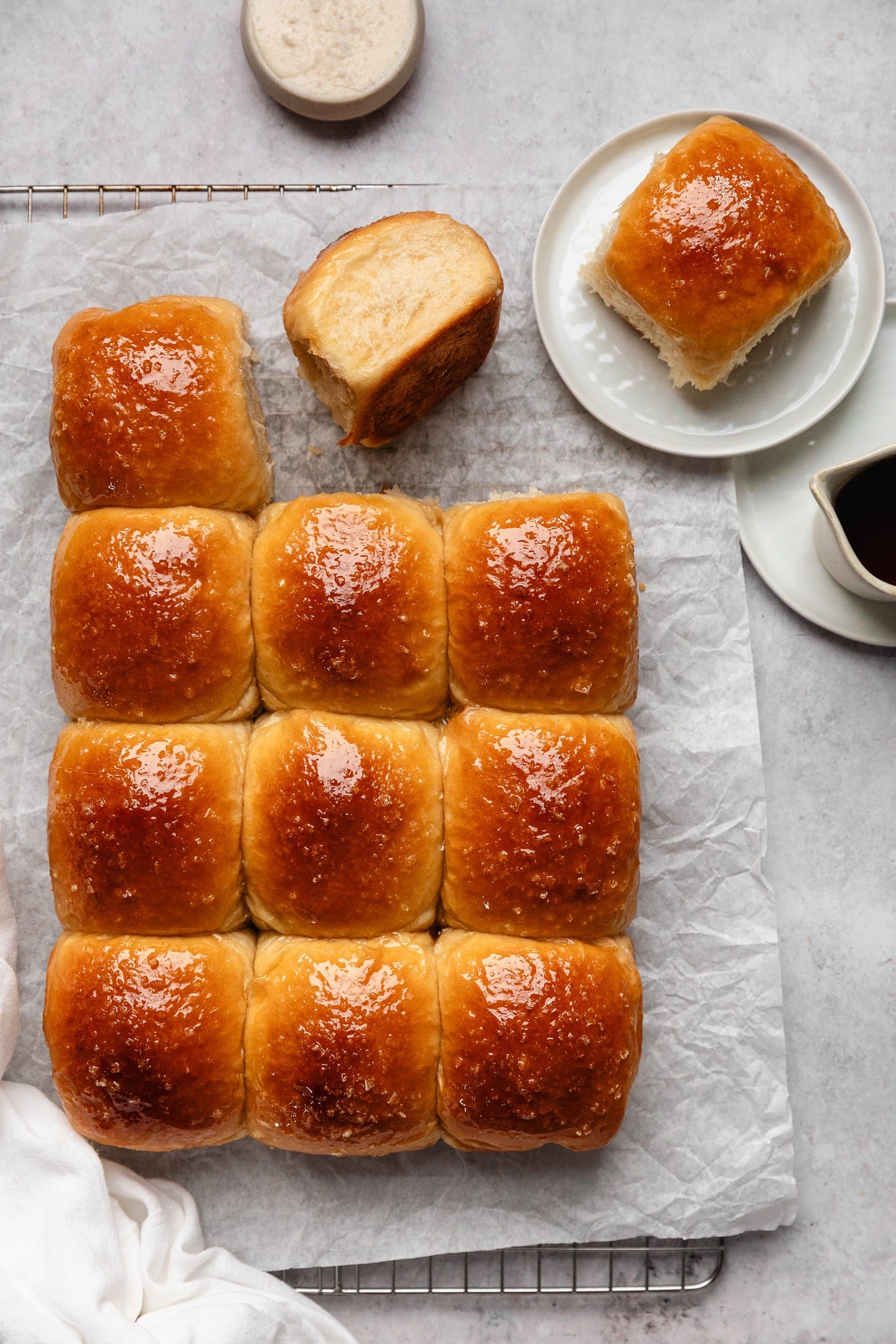 Vegan maple-glazed brioche buns seen from above