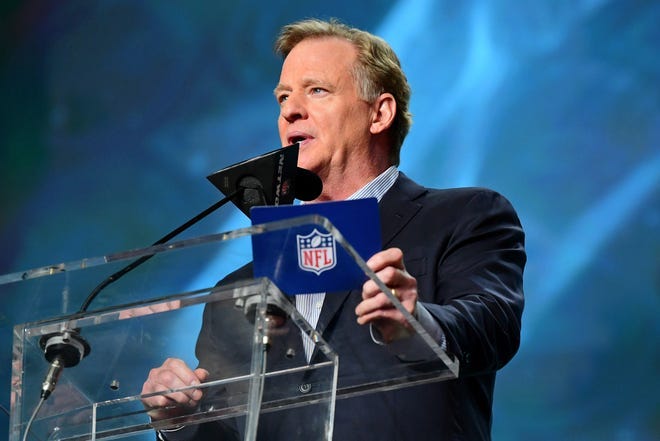 Apr 28, 2022; Las Vegas, NV, USA; NFL commissioner Roger Goodell speaks during the first round of the 2022 NFL Draft at the NFL Draft Theater. Mandatory Credit: Gary Vasquez-USA TODAY Sports ORG XMIT: IMAGN-486627 ORIG FILE ID: 20220428_jcd_mv2_305.JPG