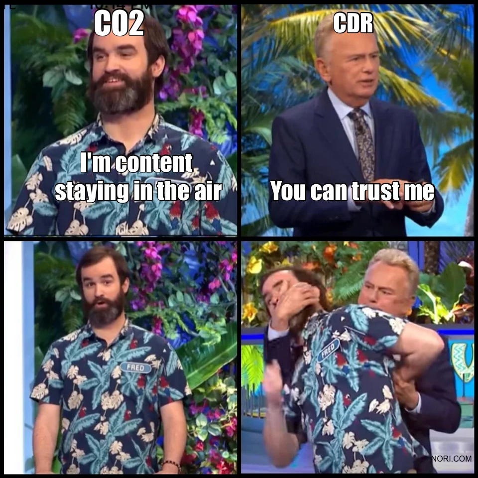 Four-panel game show meme. A contestant labelled "CO2" says "I'm content staying in the air"; the host, labelled "CDR", says "You can trust me" and then grabs the contestant in a bear hug.
