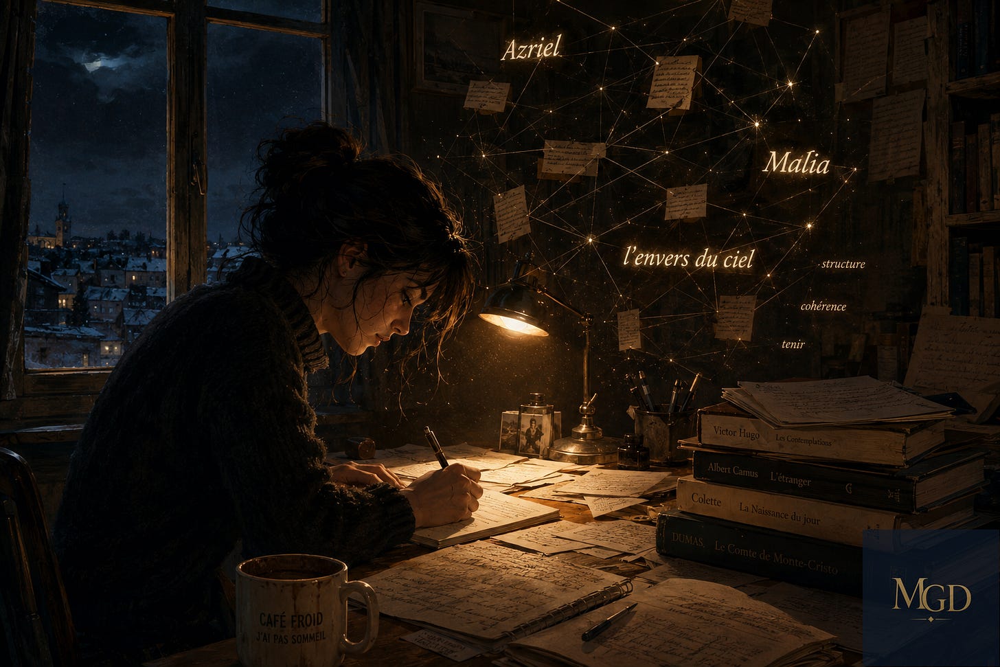 Jeune-femme penchée sur son bureau en train d'écrire. derrière elle une femme donne sur une ville enneigée. Devant elle sur le mur, une constellation de post-it avec les mots Azriel, Malia et L'envers du ciel