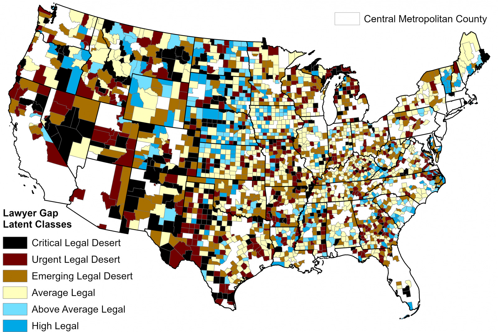 A county-by-county map of legal desert status, based on a recent study by ISU researchers.