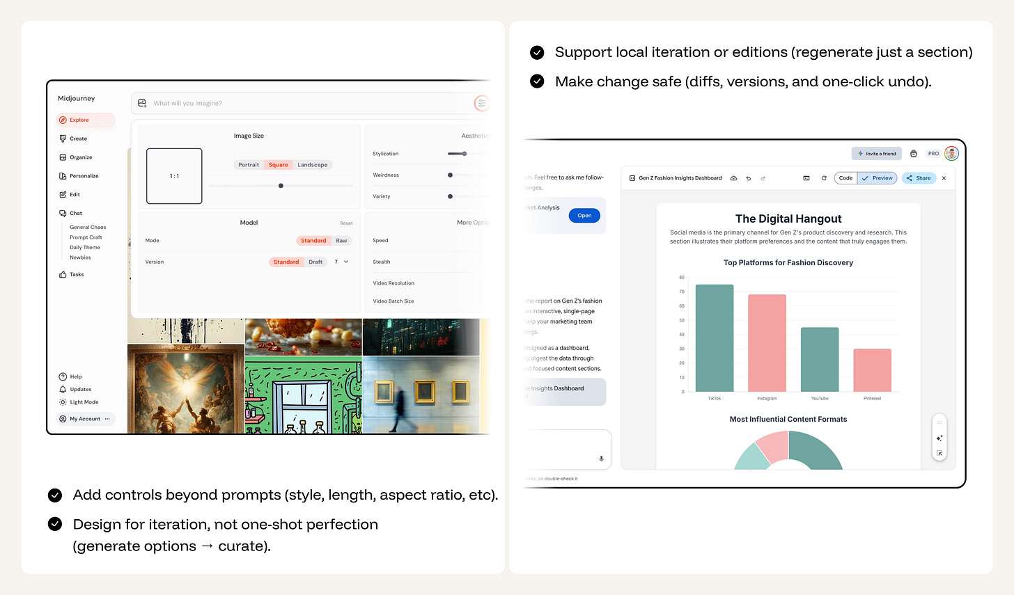 Midjourney and Gemini interfaces showing creative controls and iterative editing.