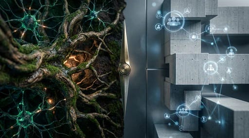 A compass needle balancing between organic roots and structured social geometry