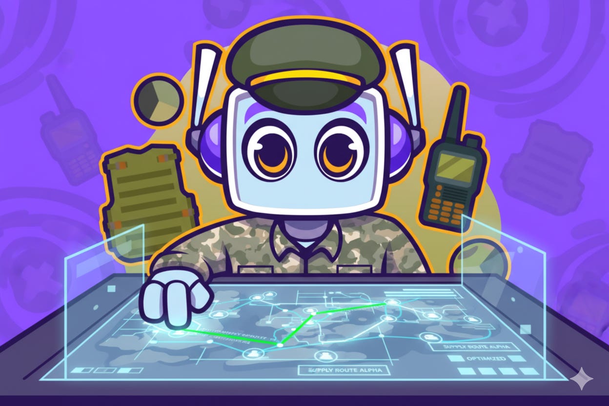 A rectangular image featuring the Neuralbuddy character, a light blue robot with large orange eyes and white antennae, wearing a military uniform and cap. Neuralbuddy is shown adjusting a holographic tactical map displaying optimized supply routes, indicated by green lines. The background is a gradient of purple and green, extending to all edges, with elements from the original Neuralbuddy character's image subtly incorporated.