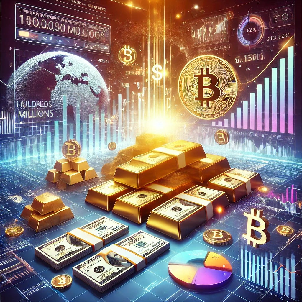 An illustration representing an investment of hundreds of millions of dollars. Show a digital scene with elements such as large stacks of cash, gold bars, and symbols of digital currencies like Bitcoin and Toncoin. Include financial charts, graphs, and a stock market ticker in the background to emphasize the magnitude of the investment. The scene should convey a high-tech, modern financial environment with an impressive, dynamic visual appeal.