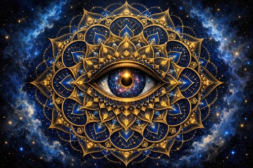  A symmetrical fractal mandala with an eye at the center and recursive patterns extending infinitely outward