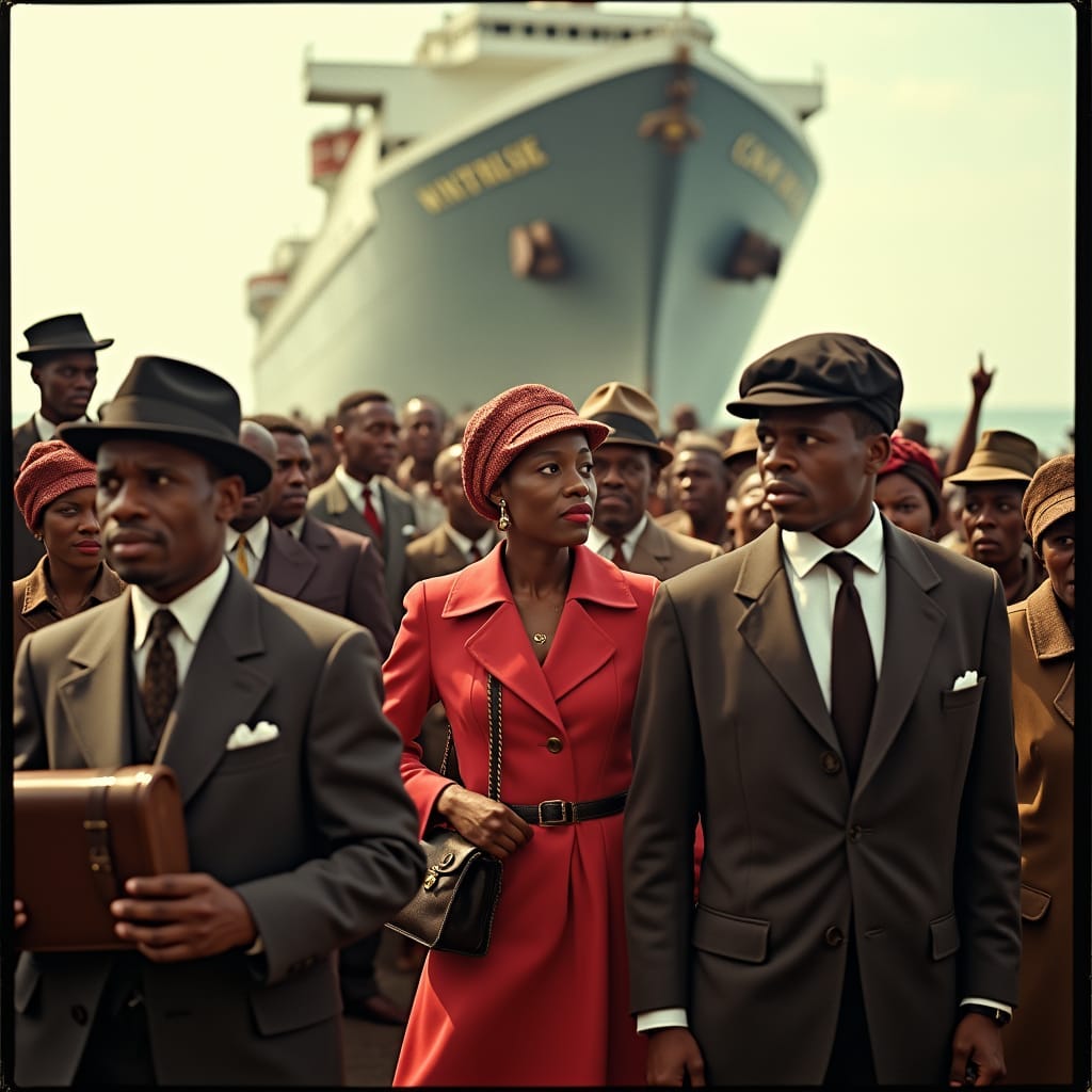 Historical HMT Empire Windrush ship arriving in Britain, 1940s, warm sunlight casting long shadows, clear blue skies, calm waters, reflecting the optimism of the era. Black Jamaican passengers, dressed in authentic attire, bustling on deck: men in suits, fedoras, and trilbies, some holding vintage suitcases, others wearing casual work clothing; women in modest, knee-length dresses, headscarves, and pearl necklaces, exuding hope, curiosity, and pride. The ship's massive structure towers behind, 'Windrush' emblazoned on its side in bold, Art Deco lettering. Inspired by the cinematography of Roger Deakins, influenced by the vibrant colors of Gordon Parks, and the poignant realism of Malick Sidibé, with a touch of classical Hollywood grandeur.