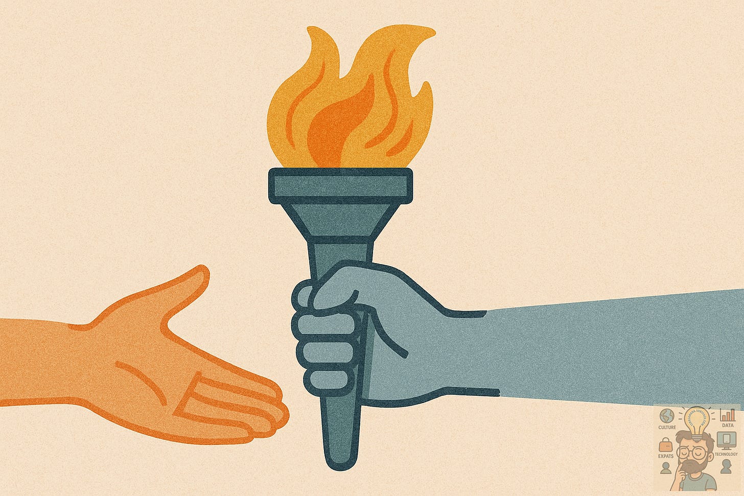 Hand passing a torch to another hand → DelegationOutsourcing with purpose (Episode 4) Hand passing a torch to another hand → DelegationOutsourcing with purpose (Episode 4)