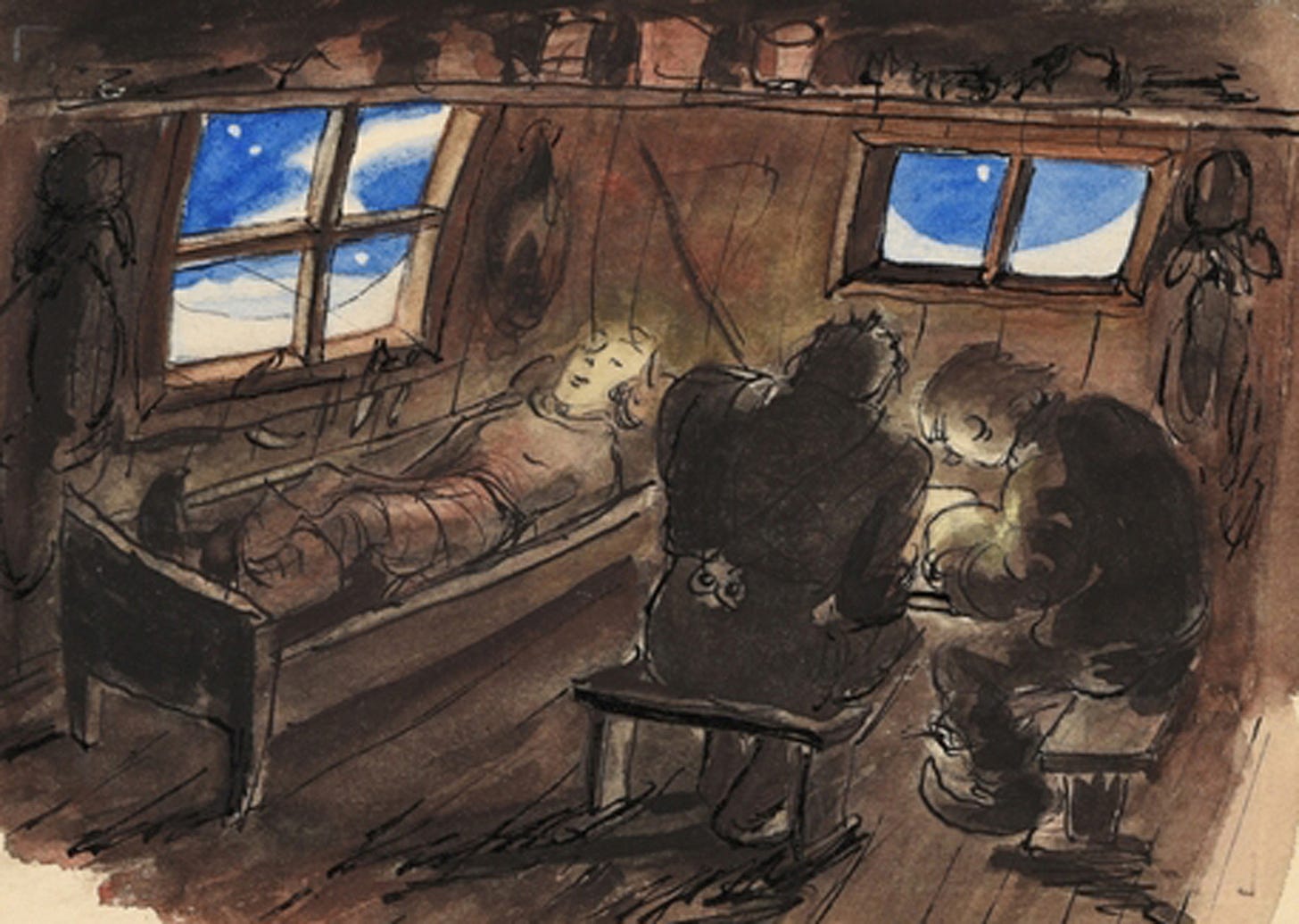 The overwinterering trio inside the hut  painting by Christiane Ritter Svalbard Museum Christiane Ritter Secret Atlas