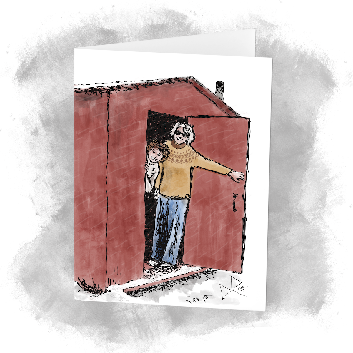 A cartoon of two happy fishers peeking out the door of an ice fishing shack, as the wind blows falling snow. Sketch art by Don Rice.