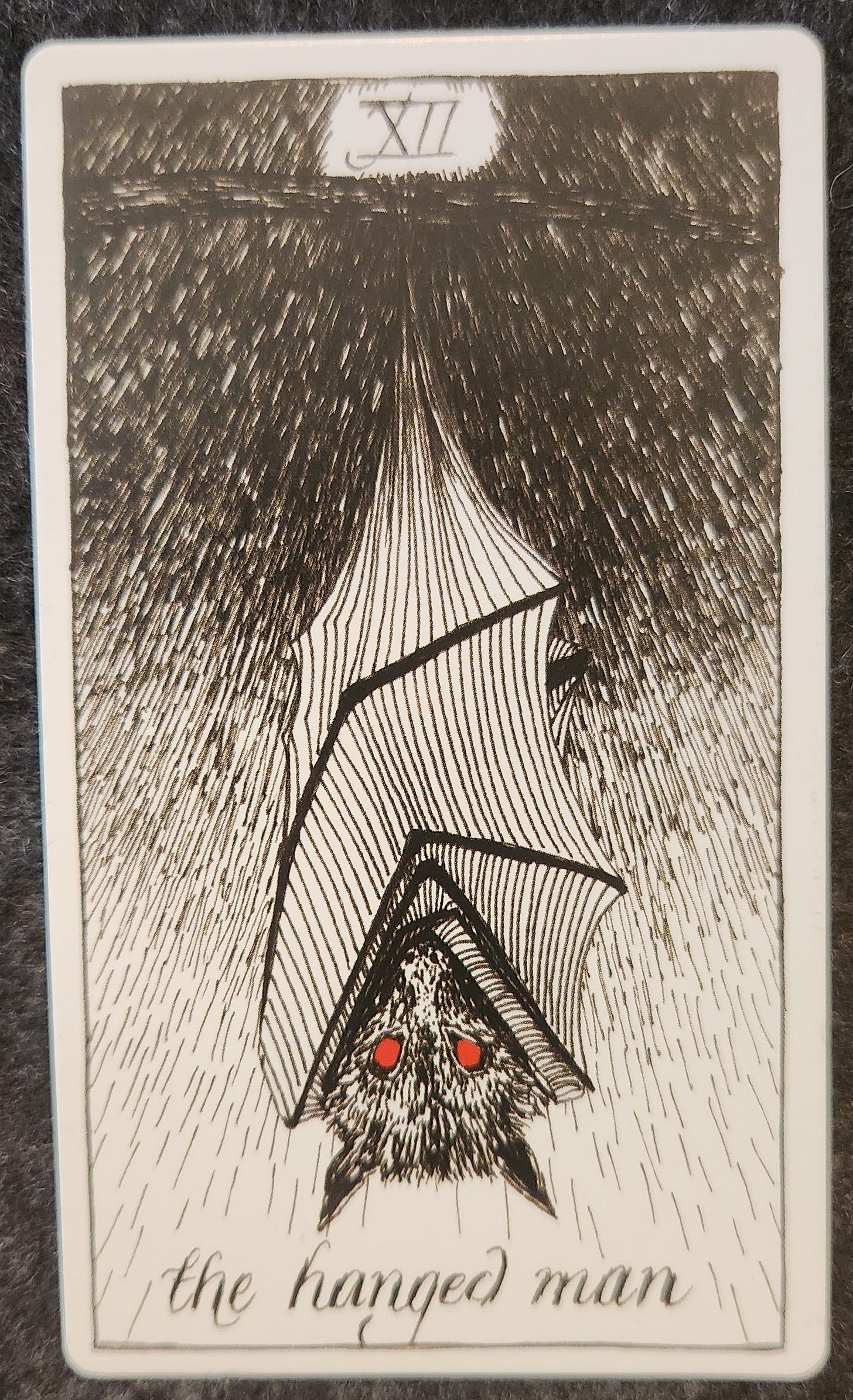 A tarot card labelled XII the hanged man. A black bat is hanging upside down with its wings wrapped around itself. Its eyes are glowing red. 