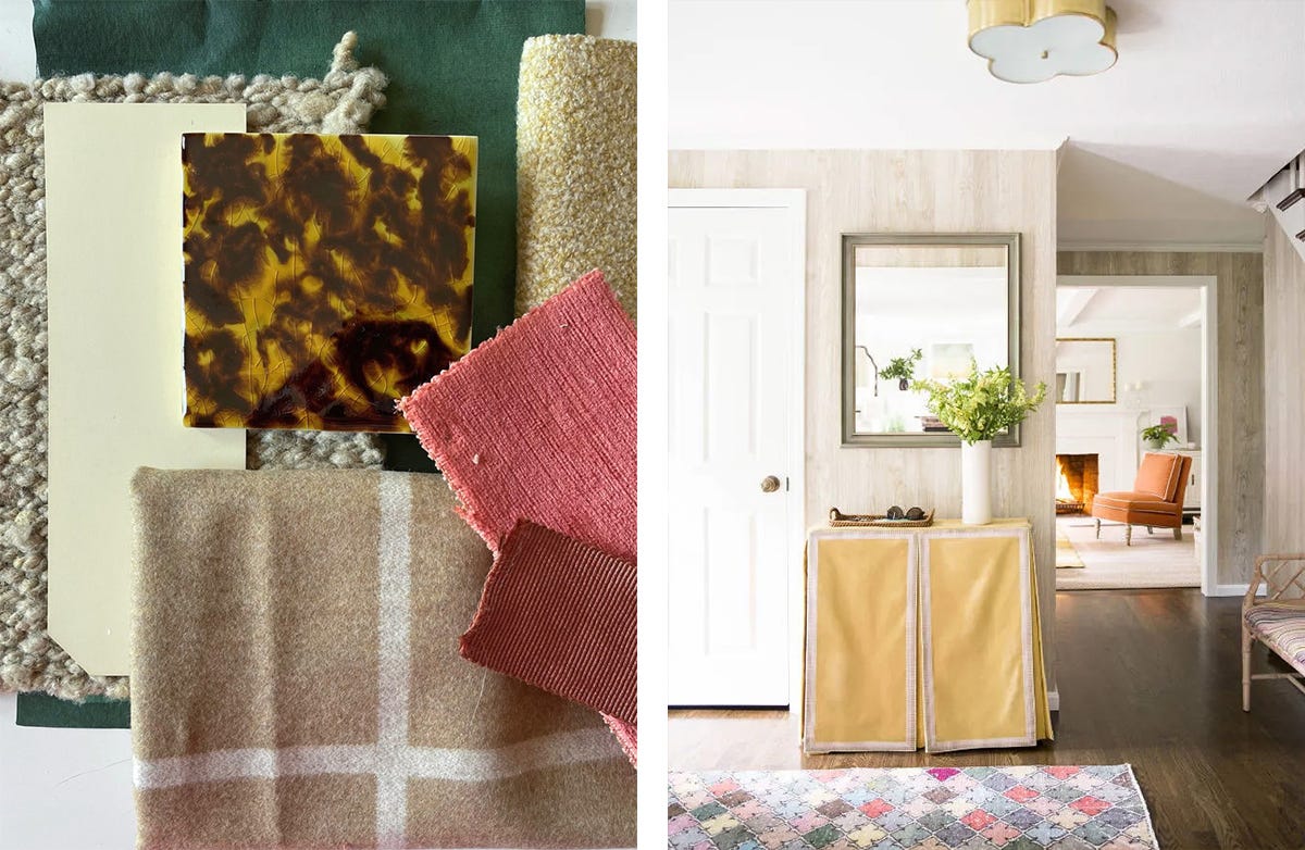 Left: Fabric and tile swatches; Right: hallway with faux bois wallpaper