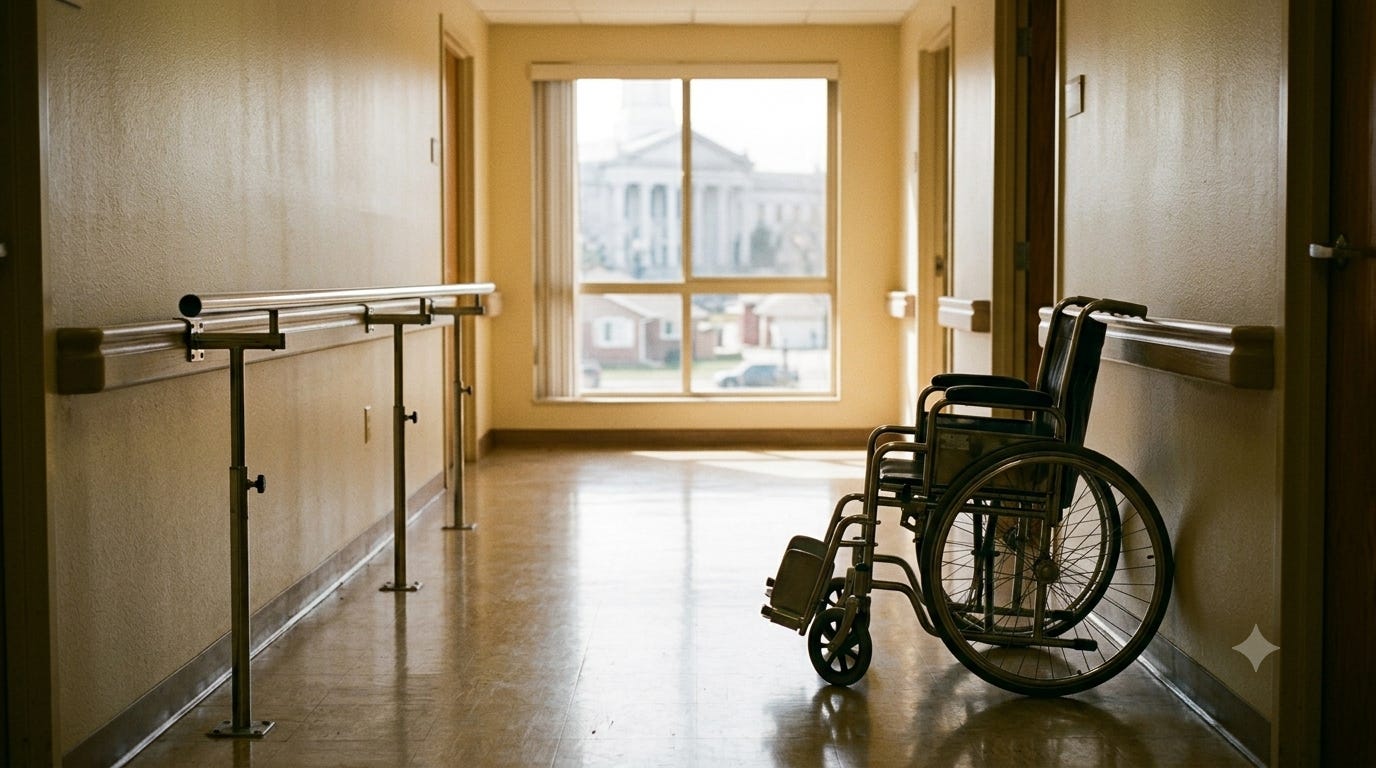 An empty skilled nursing facility hallway in warm morning light. A physical therapy parallel bar lines one wall. A folded wheelchair sits nearby. The space is clean and institutional — paused between sessions, the equipment waiting. Documentary style, warm light. An empty skilled nursing facility hallway in warm morning light. A physical therapy parallel bar lines one wall. A folded wheelchair sits nearby. The space is clean and institutional — paused between sessions, the equipment waiting. Documentary style, warm light.