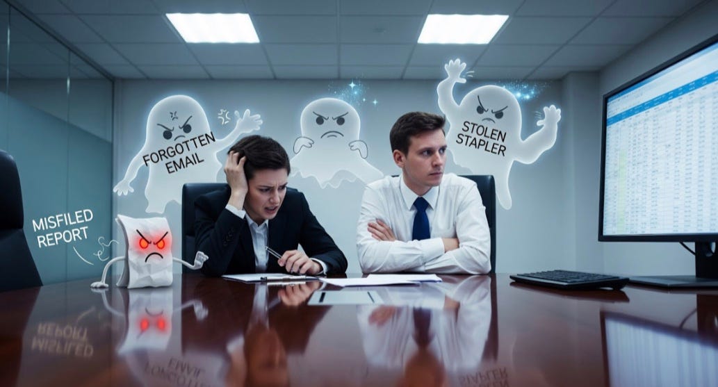 Two co-workers with ghosts of resentment hoovering around them at the conference table.