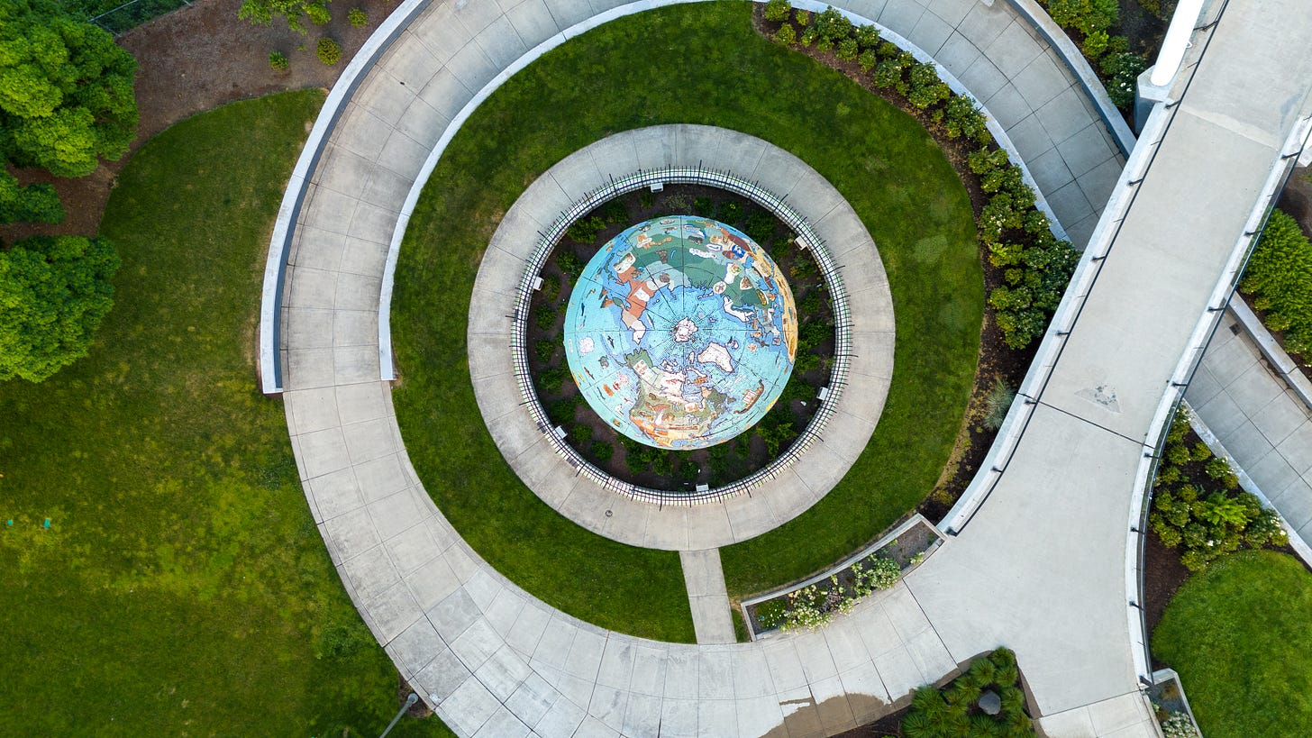 drone photo, looking straight down at Salem Riverfront Park's Eco-Earth