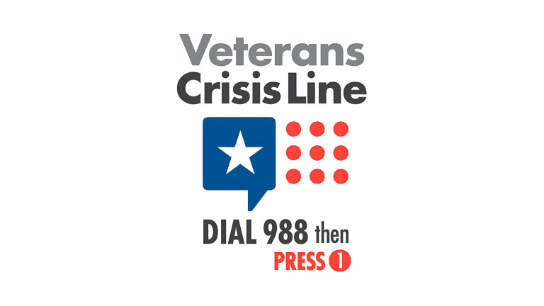 A public service graphic for the Veterans Crisis Line on a white background. It features the words “Veterans Crisis Line” at the top, a blue speech-bubble icon with a white star, a 3×3 grid of red dots resembling a keypad, and the instruction: “DIAL 988 then PRESS 1,” with “PRESS 1” highlighted in red. A public service graphic for the Veterans Crisis Line on a white background. It features the words “Veterans Crisis Line” at the top, a blue speech-bubble icon with a white star, a 3×3 grid of red dots resembling a keypad, and the instruction: “DIAL 988 then PRESS 1,” with “PRESS 1” highlighted in red.