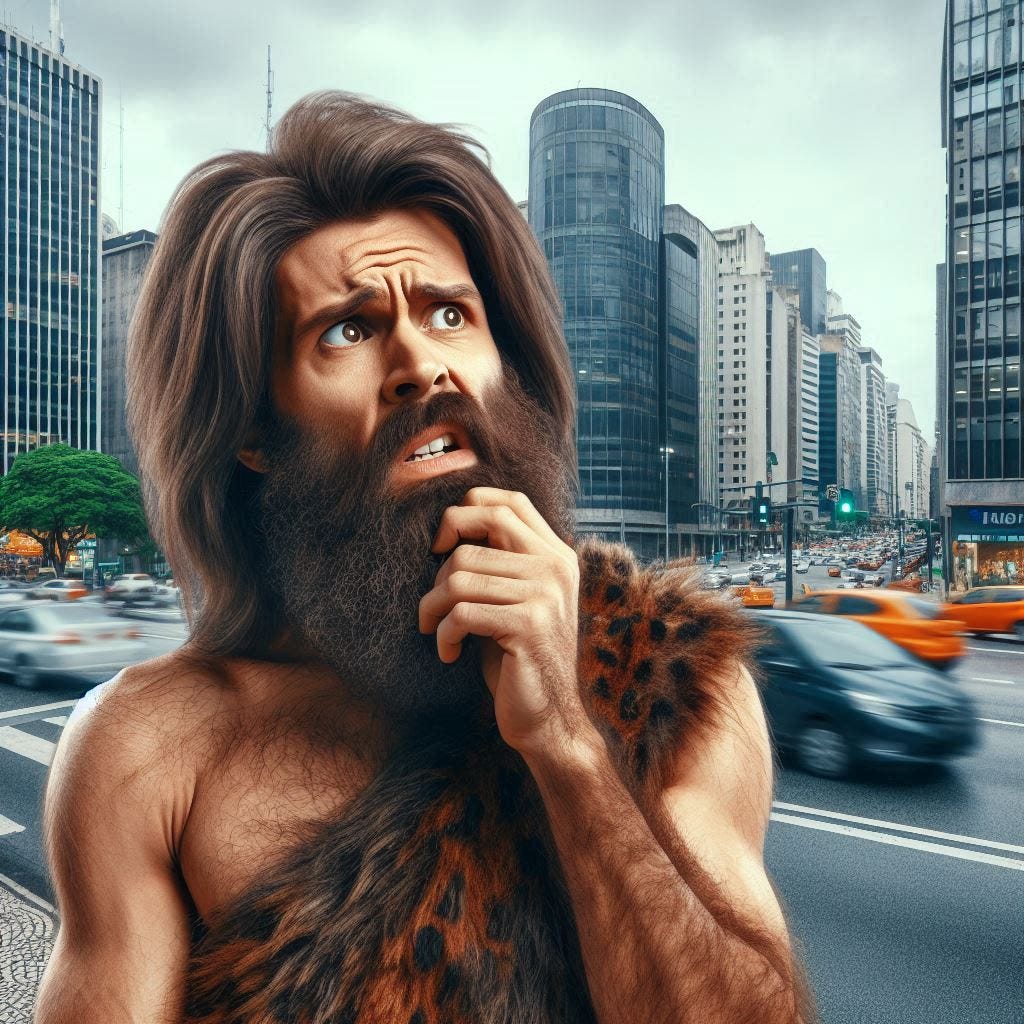 a caveman photorealistic, confused in the modern city of sao paulo