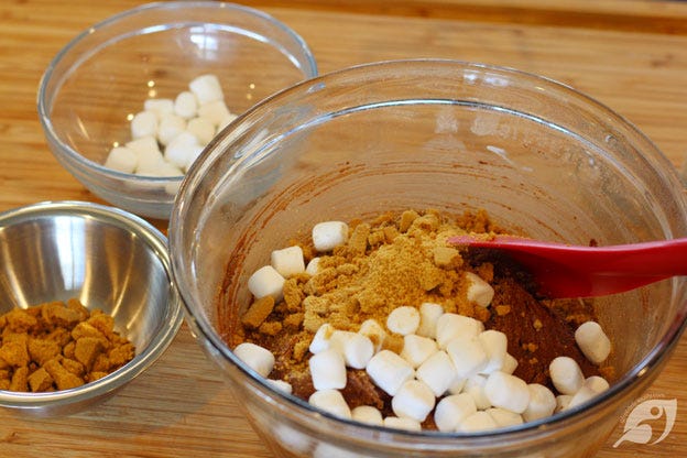 Fold in the mini marshmallows and graham crackers (setting aside a few pieces of graham cracker and a few mini marshmallows for garnish) Fold in the mini marshmallows and graham crackers (setting aside a few pieces of graham cracker and a few mini marshmallows for garnish)