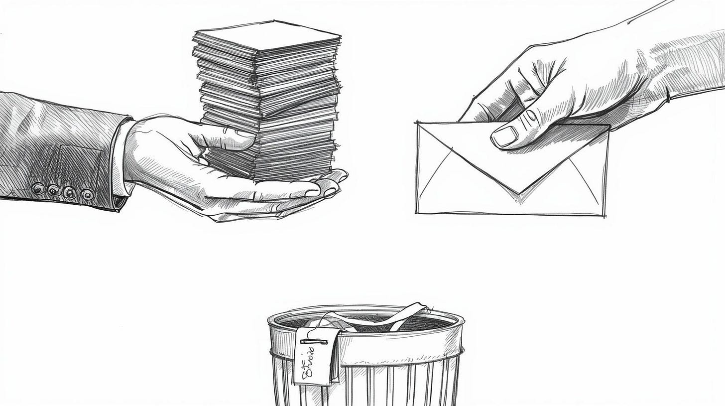 One hand holding a pile of business cards, another holding a single handwritten note One hand holding a pile of business cards, another holding a single handwritten note