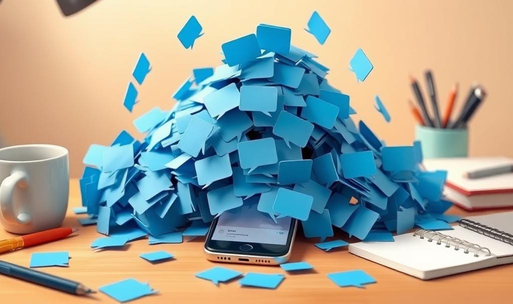 Smartphone buried under a pile of blue chat bubbles, symbolizing emotional overwhelm and trauma dumping in a group chat setting. Smartphone buried under a pile of blue chat bubbles, symbolizing emotional overwhelm and trauma dumping in a group chat setting.