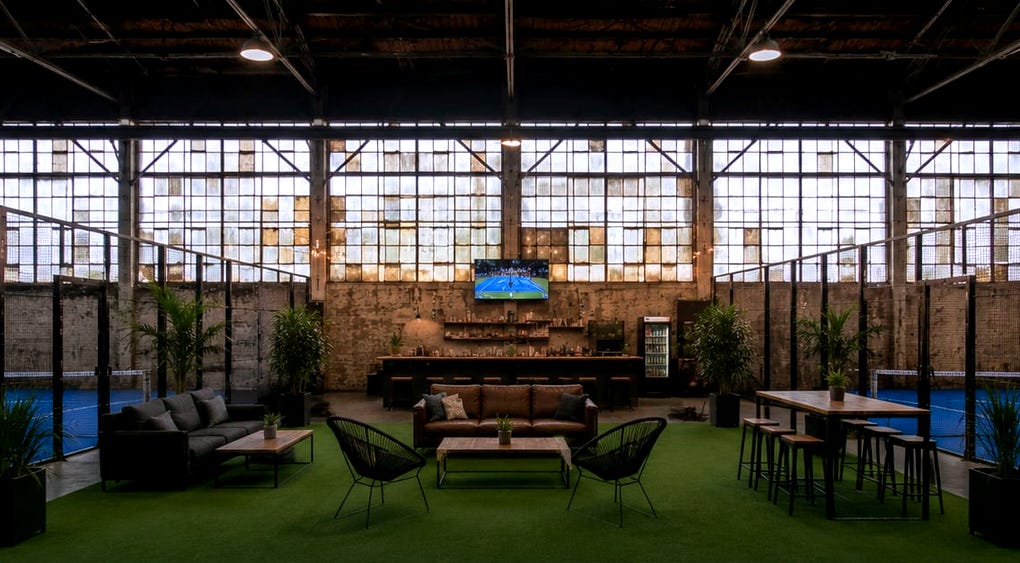 Rendering of two indoor padel courts and lounge area at Padel Connect CT Rendering of two indoor padel courts and lounge area at Padel Connect CT