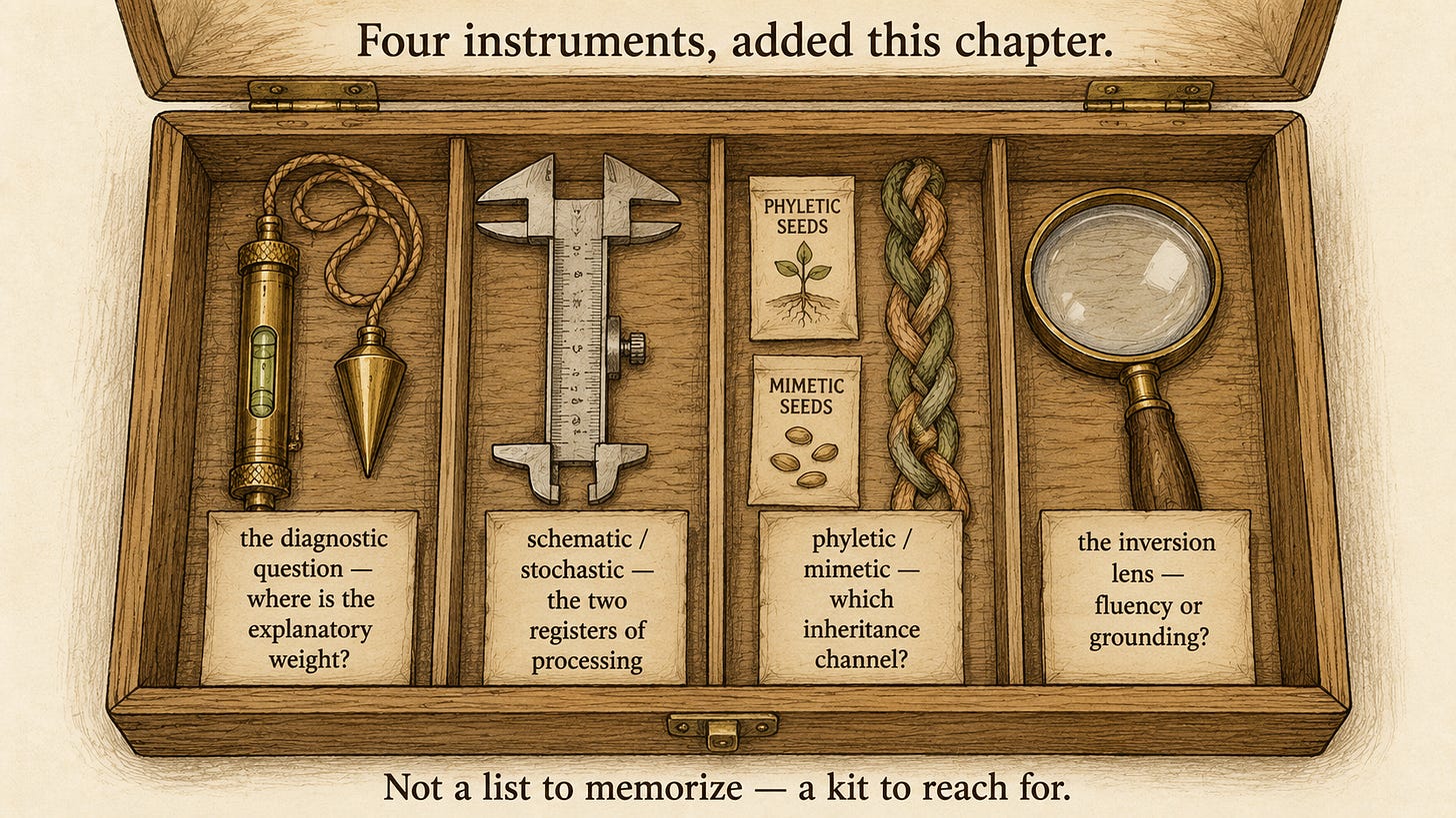 An open toolbox, top-down, with four labeled instruments (echoing the Chapter 1 "five demarcations" toolbox): a plumb line/level — "the diagnostic question: where is the explanatory weight?"; a two-sided caliper — "schematic / stochastic"; a two-strand braid / two seed packets — "phyletic / mimetic: which inheritance channel?"; a lens/loupe — "the inversion lens: fluency or grounding?" Captions: "Four instruments, added this chapter" and "Not a list to memorize — a kit to reach for." An open toolbox, top-down, with four labeled instruments (echoing the Chapter 1 "five demarcations" toolbox): a plumb line/level — "the diagnostic question: where is the explanatory weight?"; a two-sided caliper — "schematic / stochastic"; a two-strand braid / two seed packets — "phyletic / mimetic: which inheritance channel?"; a lens/loupe — "the inversion lens: fluency or grounding?" Captions: "Four instruments, added this chapter" and "Not a list to memorize — a kit to reach for."