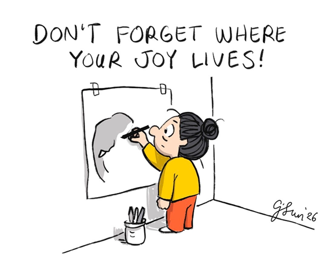 Panel 1 of a 3-panel motivational comic strip illustrating the power of doing more of what brings you joy, like making art. Titled "Elephant Joy," 2026. Original art by Connie Sun