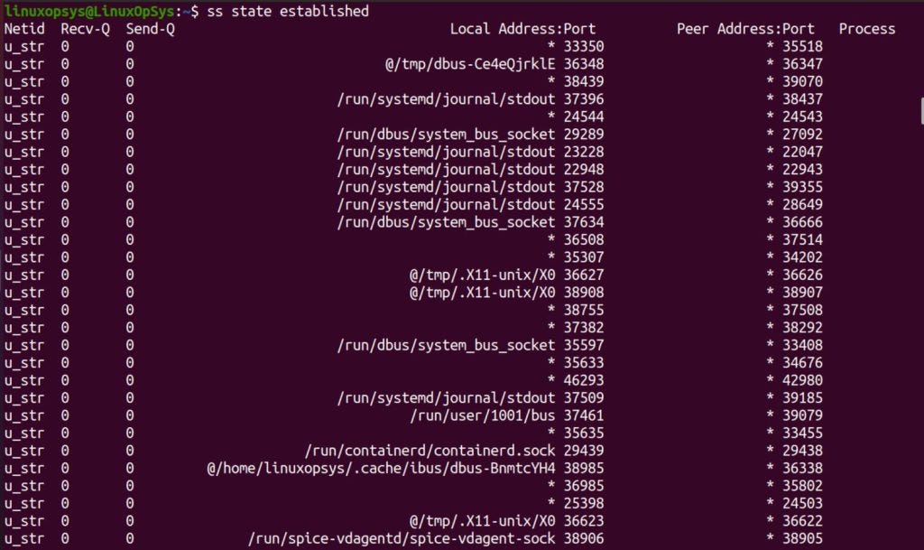 example list all established connections using ss