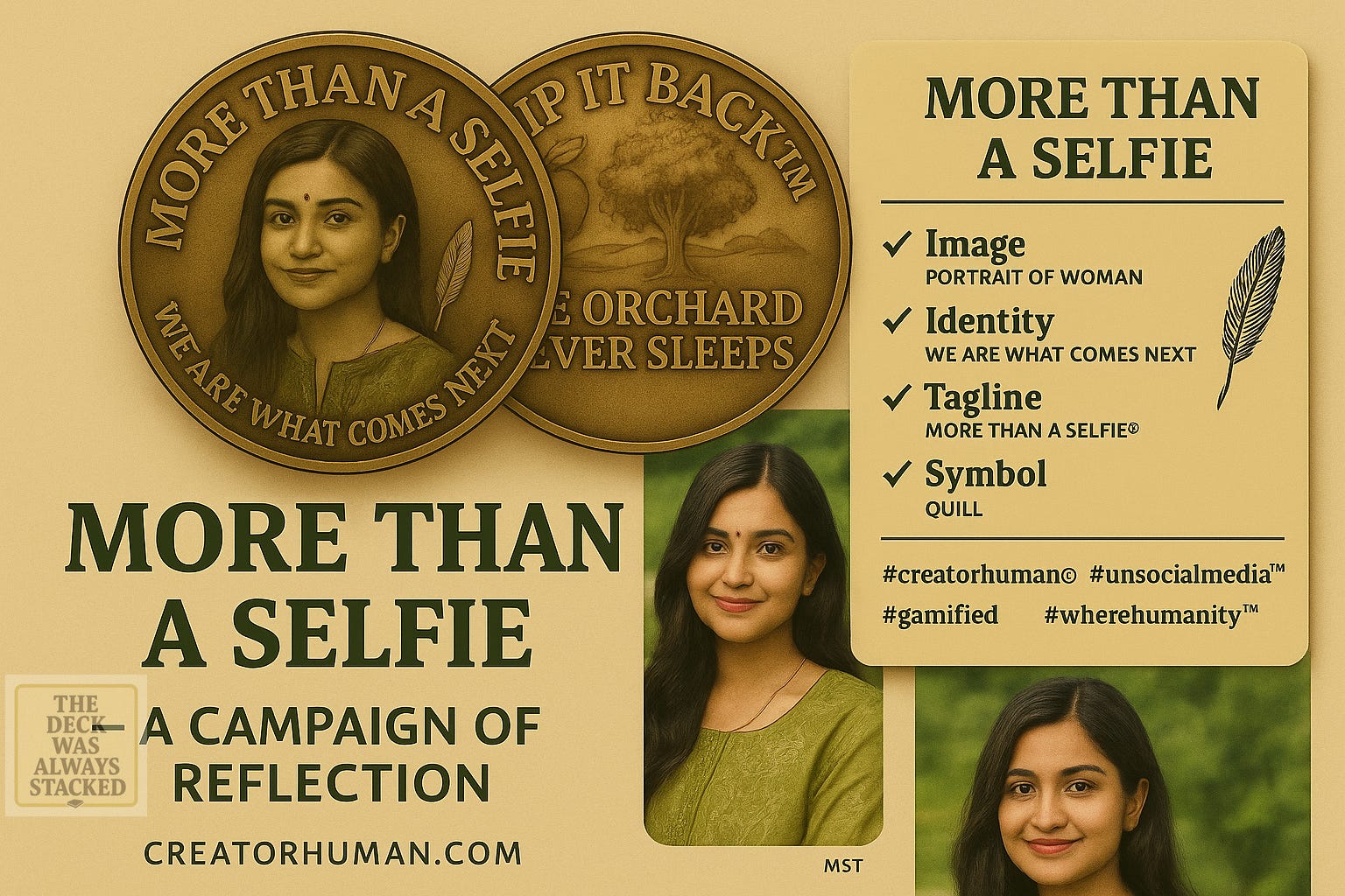 More Than a Selfie” Orchard Coin + Orchard Backdrop (parchment or brown background with mint/green gold palette)Hero collage for the More Than a Selfie campaign, showcasing MST in green with confidence, a golden orchard coin reading ‘The Orchard Never Sleeps,’ a Creator Human quill card, and checklist text about dignity and digital reflection.