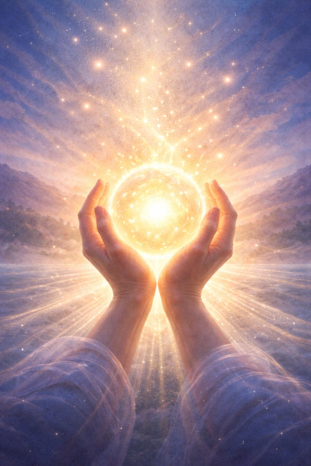 Two hands gently cup a glowing golden orb that radiates warm light and sparkling particles into a soft, misty landscape, suggesting calm, care, and collective healing. Two hands gently cup a glowing golden orb that radiates warm light and sparkling particles into a soft, misty landscape, suggesting calm, care, and collective healing.